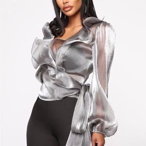 Fashion Nova Silver Ruffle Wrap Self-Tie Blouse